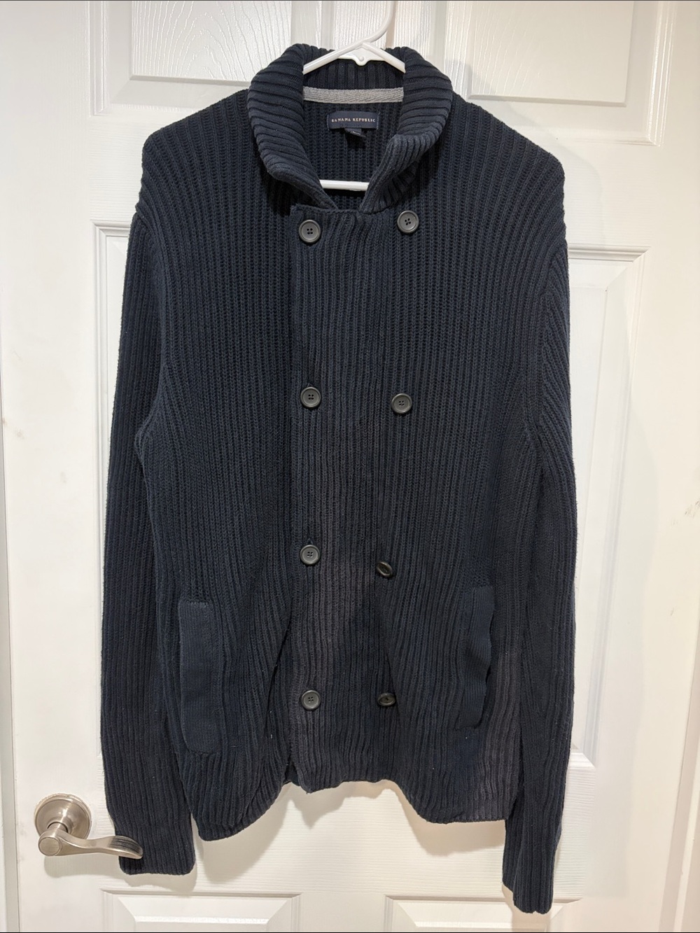BANANA REPUBLIC Men's Navy Ribbed Double-Breasted Shawl Collar Sweater **damaged